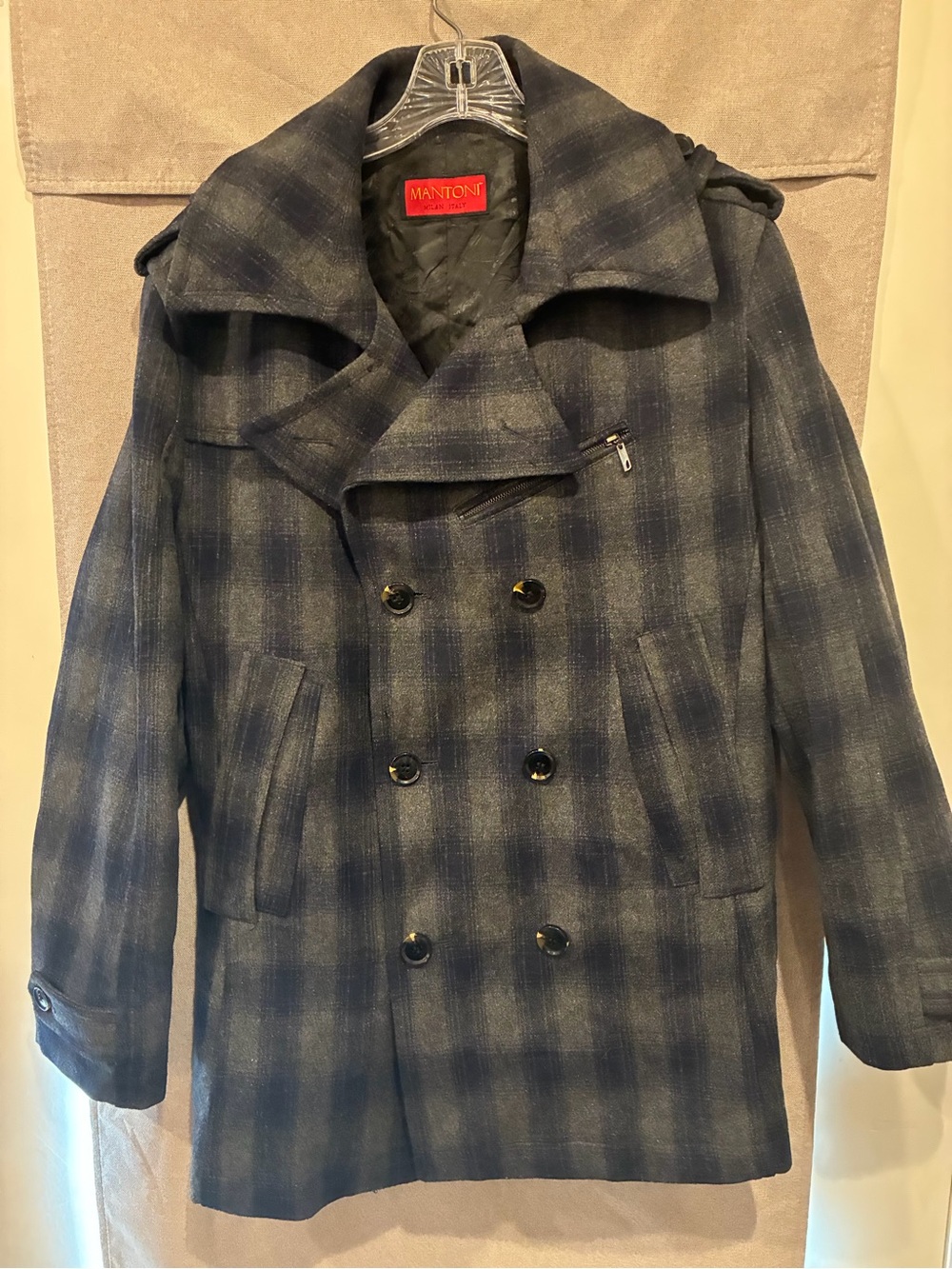 Men's Mantoni Italy Plaid Wool-Blend Peacoat Jacket - Gray/Navy